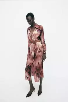 Атласное платье миди с принтом и поясом ZARA, разноцветный