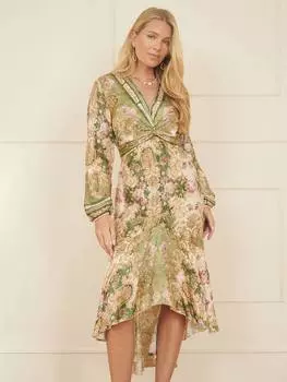 Атласное платье миди с принтом в виде шарфа Yumi, зеленый