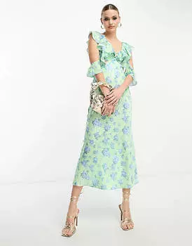 Атласное платье миди с развевающимися рукавами ASOS DESIGN Tall с лаймовым цветочным принтом