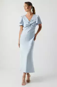 Атласное платье миди с рукавами ангела и закрученной передней частью для подружек невесты Oasis, синий