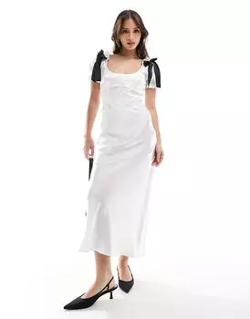 Атласное платье-миди с рукавами-фонариками белого цвета ASOS DESIGN