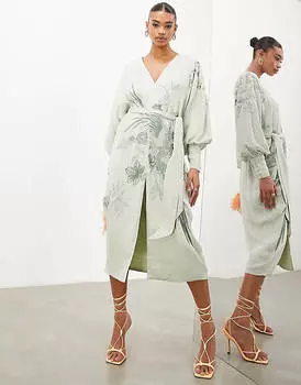 Атласное платье миди с v-образным вырезом и вышивкой феникса ASOS EDITION
