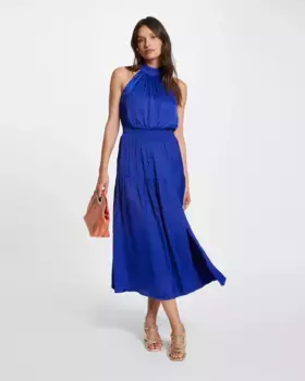 Атласное платье миди с воротником-бретелькой Morgan, синий