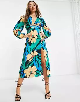 Атласное платье миди с вырезами и ярким абстрактным принтом ASOS DESIGN