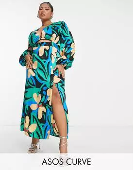 Атласное платье миди с вырезами и ярким абстрактным принтом ASOS DESIGN Curve