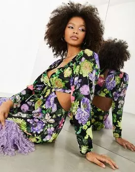 Атласное платье миди с вырезом на спине и цветочным принтом ASOS