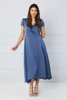 Атласное платье миди с высоким и низким вырезом и запахом Wallis, синий