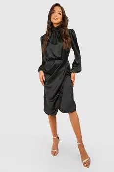 Атласное платье миди с высоким воротом и запахом Boohoo, черный
