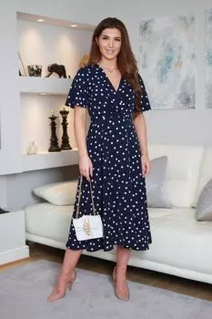 Атласное платье-миди с запахом и юбкой с разрезом DOUBLE SECOND, темно-синий