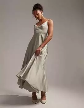 Атласное платье миди с завязками на спине ASOS Bridesmaid темно-зеленого цвета