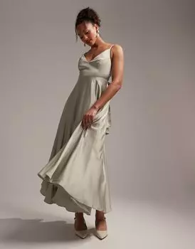 Атласное платье миди с завязками на спине ASOS DESIGN Bridesmaid темно-зеленого цвета