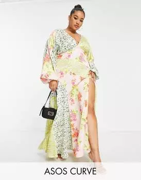 Атласное платье миди со швами и принтом ASOS DESIGN Curve