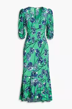 Атласное платье миди Tati со сборками и цветочным принтом DIANE VON FURSTENBERG, зеленый