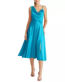 Атласное платье-миди Theia Hayden А-силуэта, синий