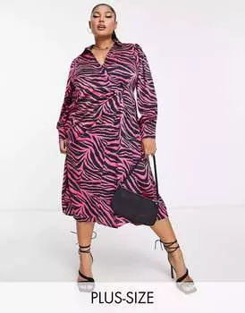 Атласное платье миди Vila ярко-розового цвета с животным принтом