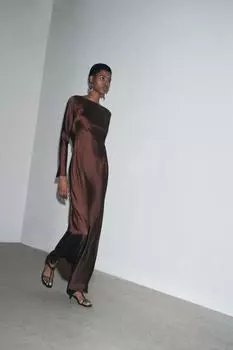 Атласное платье миди ZARA, коричневый