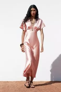 Атласное платье миди ZARA, розовый