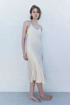 Атласное платье миди ZARA, устрично-белый