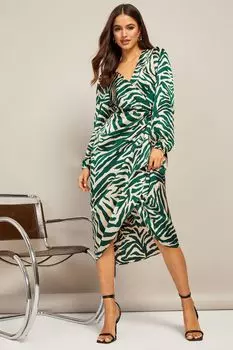Атласное платье миди животным принтом и завязками Friends Like These, зеленый