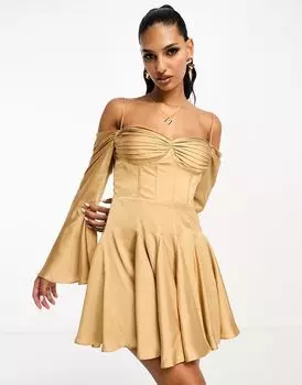 Атласное платье мини с драпированным корсетом и открытыми плечами ASOS DESIGN