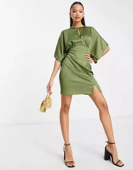 Атласное платье мини с короткими рукавами и лифом цвета хаки ASOS Design