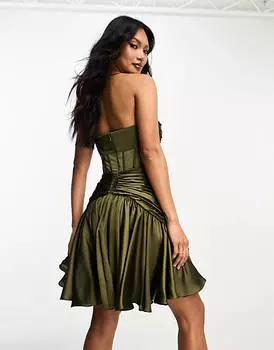 Атласное платье мини с корсетной драпировкой и корсетом цвета хаки ASOS DESIGN