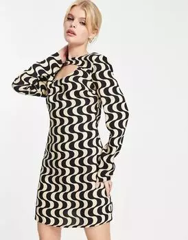 Атласное платье мини с разрезом и волнистым принтом Violet Romance