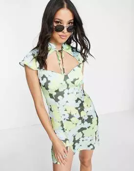 Атласное платье мини с высоким вырезом и размытым цветочным принтом ASOS DESIGN