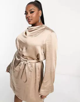 Атласное платье мини с завязкой на талии Pretty Lavish Curve Jayda мокко