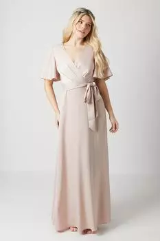 Атласное платье подружки невесты с рукавами ангела Debut London by Coast Debenhams, бежевый