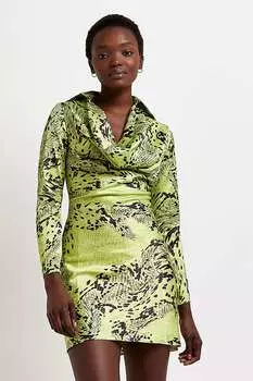 Атласное платье-рубашка Blake с драпированным вырезом River Island, зеленый