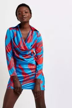 Атласное платье-рубашка blake с драпированным вырезом River Island, синий