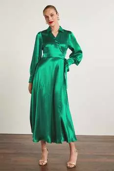 Атласное платье-рубашка миди Next, зеленый