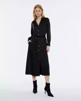 Атласное платье-рубашка миди с длинными рукавами Andam, черный