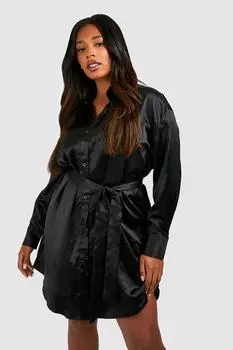 Атласное платье-рубашка плюс с поясом boohoo, черный