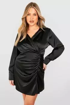 Атласное платье-рубашка Plus с запахом boohoo, черный