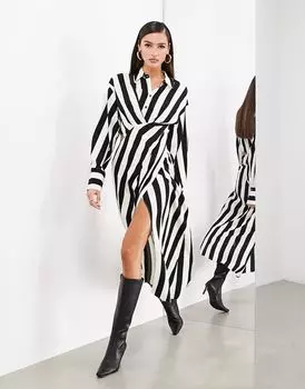 Атласное платье-рубашка с длинными рукавами ASOS EDITION в монохромную полоску