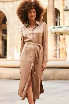 Атласное платье-рубашка с поясом Sosandar, коричневый