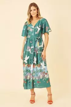 Атласное платье-рубашка с принтом журавля Yumi, зеленый