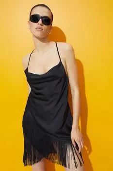 Атласное платье с бахромой H&amp;M, черный