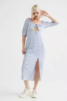 Атласное платье с буфами H&amp;M, голубой/маленькие цветы