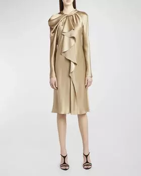 Атласное платье с длинными рукавами и драпировкой Alberta Ferretti, цвет Beige