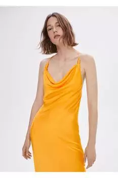 Атласное платье с драпированным вырезом Mango, оранжевый