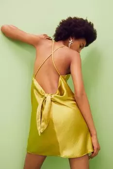 Атласное платье с галстуком H&amp;M, желто-зеленый