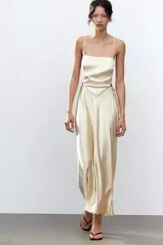 Атласное платье с капюшоном на шее ZARA, цвет Vanilla