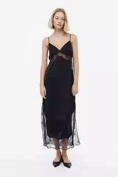 Атласное платье с кружевной отделкой и бретелями H&M