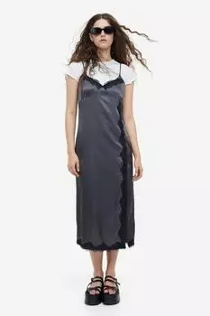 Атласное платье с кружевными полосками и бретелями H&M