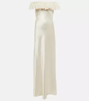 Атласное платье с кружевом SAINT LAURENT, белый