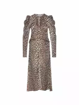 Атласное платье с леопардовым принтом Ganni, мультиколор