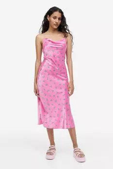 Атласное платье с открытой спиной H&M, розовый/цветочный